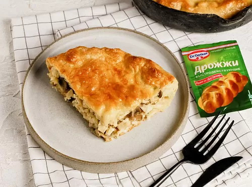 Пирог с курицей, сыром и грибами